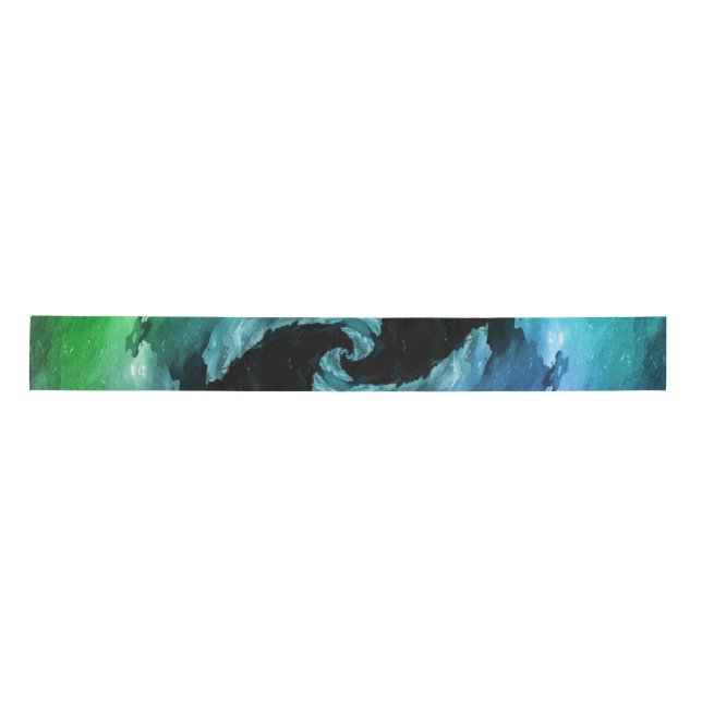 Blue Night sky Ocean Wave Northern Lights Satin Ribbon (Front)