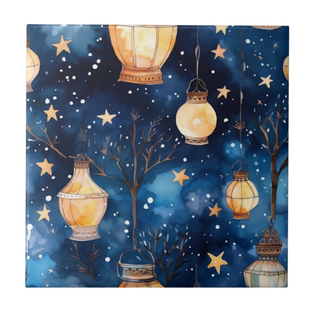 Blue night sky orange lantern ceramic tile (Front)