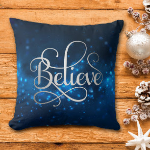 Blue Night Sky Stars Believe Christmas Cushion