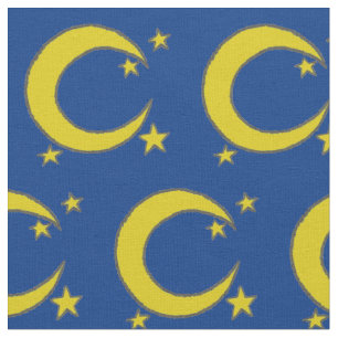 Blue Night Sky Yellow Moon Stars Astronomy Fabric
