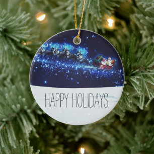 Blue Night With Santa Claus, Reindeer and Sleigh Ceramic Ornament