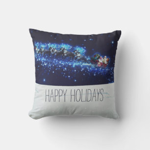 Blue Night With Santa Claus, Reindeer and Sleigh Cushion