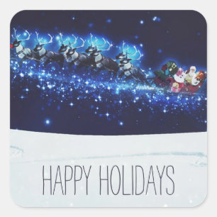 Blue Night With Santa Claus, Reindeer and Sleigh Square Sticker