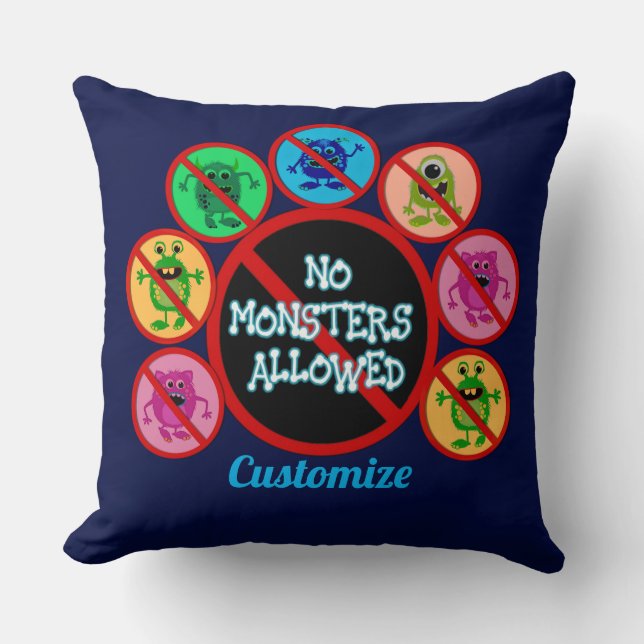Blue No Monsters Allowed  Kids Cushion (Front)