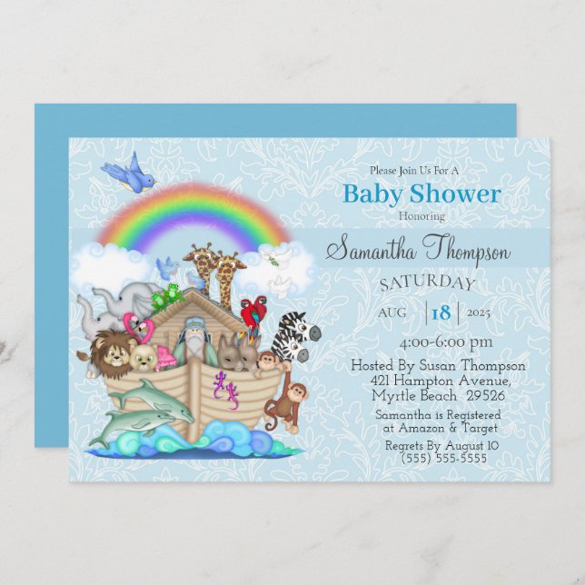 Blue Noah's Ark Baby Shower Invitation (Front/Back)