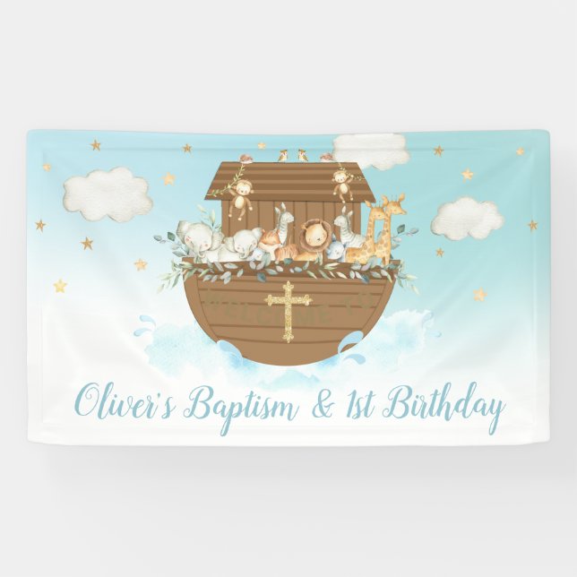 Blue Noah's Ark Boy 1st Birthday Baptism Backdrop Banner (Horizontal)