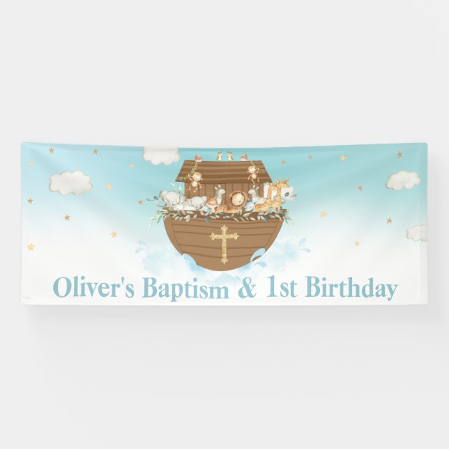 Blue Noah's Ark Boy 1st Birthday Baptism Backdrop  Banner (Horizontal)