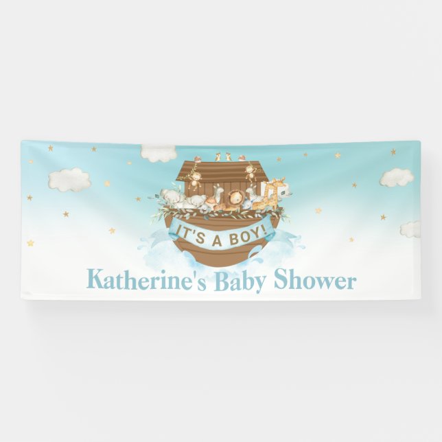 Blue Noah's Ark Boy Baby Shower Birthday Baptism  Banner (Horizontal)