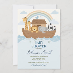 Blue Noah's Ark Rainbow Baby Shower Bible Story Invitation