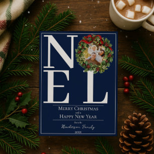 Blue Noel Christmas Wreath Photo Holiday Card