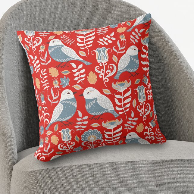 Blue Nordic Bird on Red Pattern Throw Pillow (Creator Uploaded)