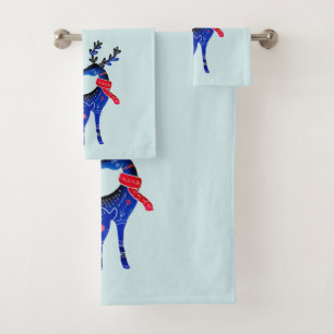 Blue Nordic Christmas Reindeer Pair Bath Towel Set