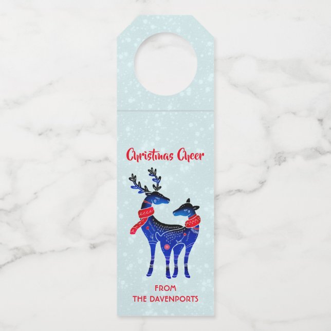 Blue Nordic Christmas Reindeer Pair Bottle Tag (Front)