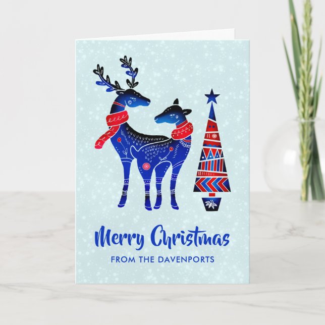 Blue Nordic Christmas Reindeer Pair Card (Front)