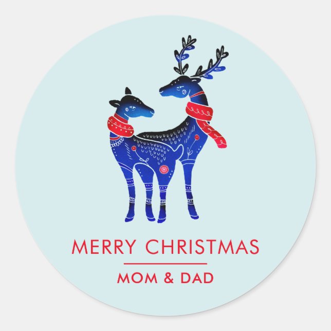 Blue Nordic Christmas Reindeer Pair Classic Round Sticker (Front)