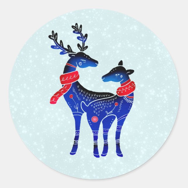 Blue Nordic Christmas Reindeer Pair Classic Round Sticker (Front)