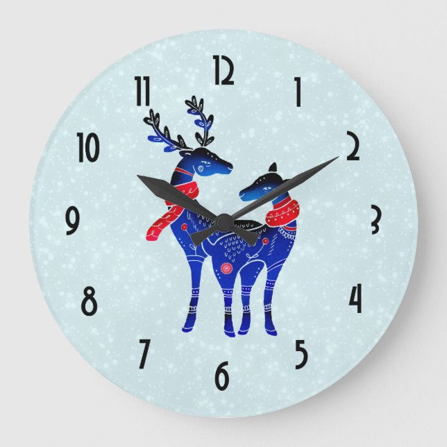 Blue Nordic Christmas Reindeer Pair Large Clock (Front)