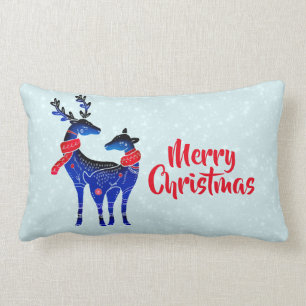 Blue Nordic Christmas Reindeer Pair Lumbar Cushion