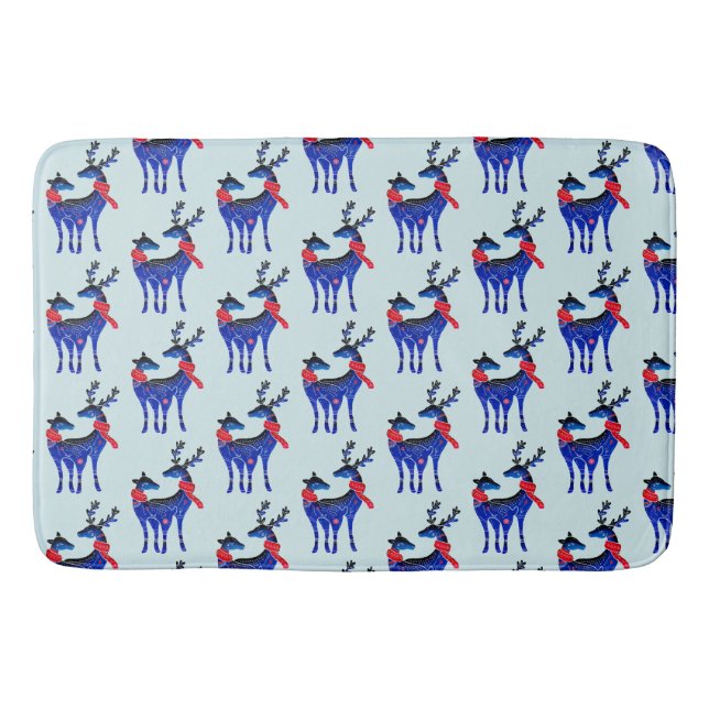 Blue Nordic Christmas Reindeer Pair Pattern Bath Mat (Front)