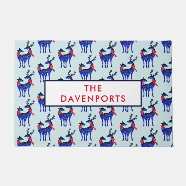 Blue Nordic Christmas Reindeer Pair Pattern Doormat (Front)