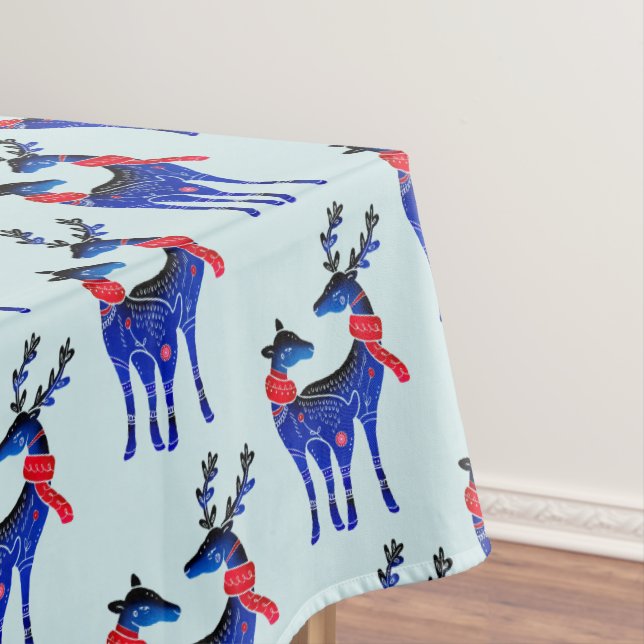 Blue Nordic Christmas Reindeer Pair Pattern Tablecloth (In Situ)