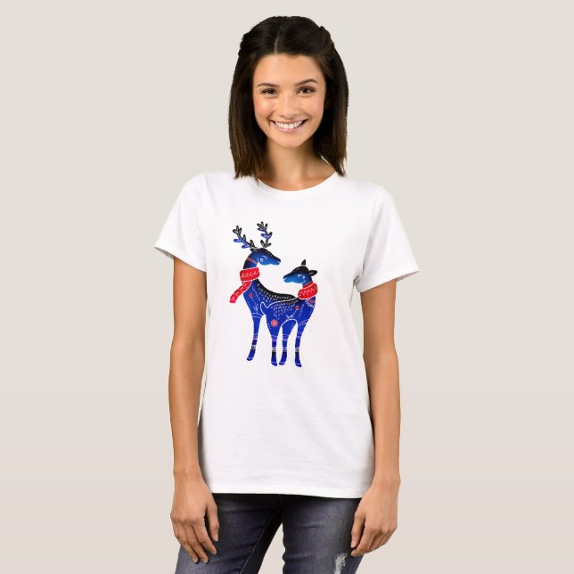 Blue Nordic Christmas Reindeer Pair T-Shirt (Front Full)