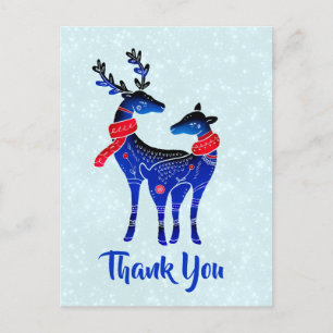 Blue Nordic Christmas Reindeer Pair Thank You Postcard
