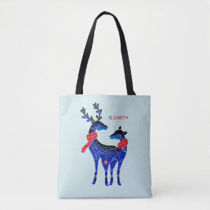 Blue Nordic Christmas Reindeer Pair Tote Bag