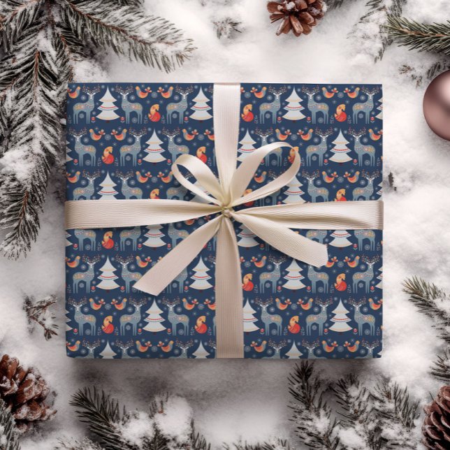 Blue Nordic Deer Christmas Tree Floral Holiday  Wrapping Paper (Creator Uploaded)