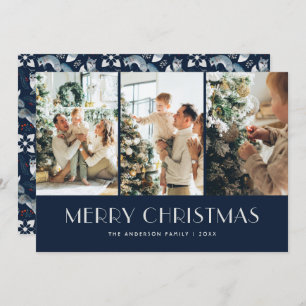 Blue Nordic Fox Photo Collage Merry Christmas Holiday Card
