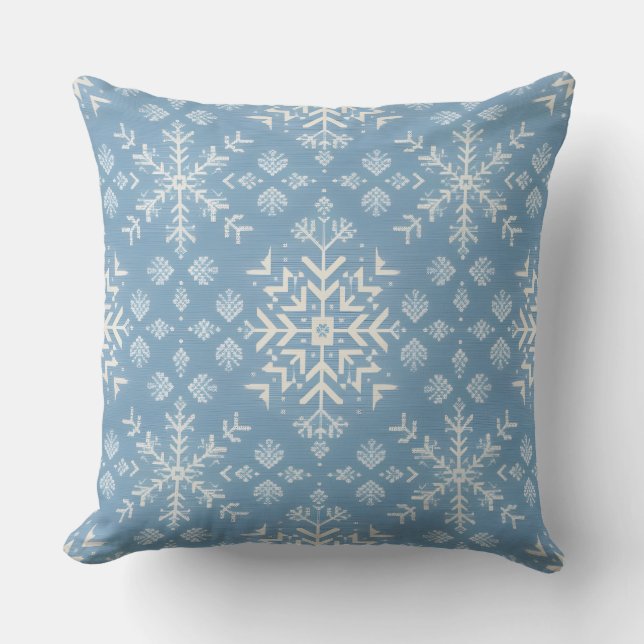 Blue Nordic Snowflake Pattern Winter Holiday Cushion (Front)