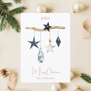 Blue nordic stars gnome wood Christmas Holiday Card