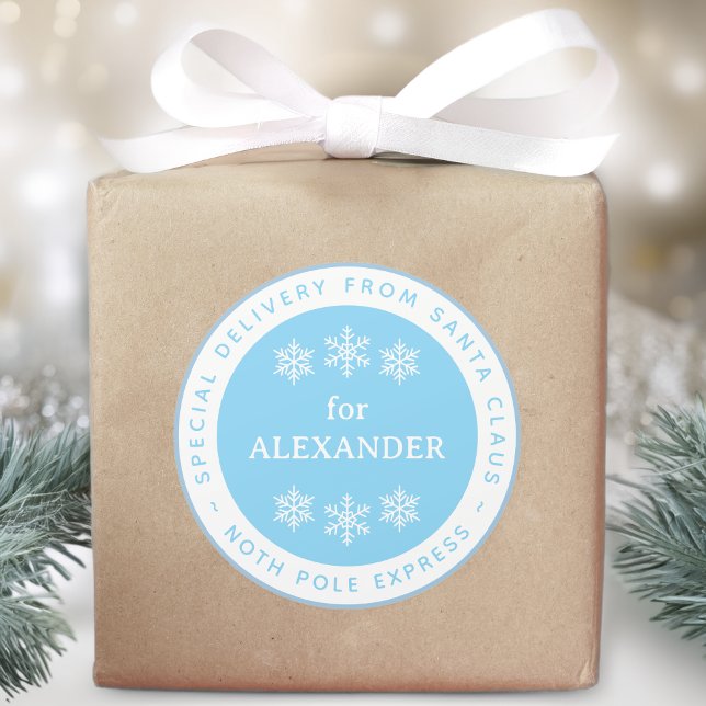 Blue North Pole Special Delivery from Santa Name Classic Round Sticker (Creator Uploaded)
