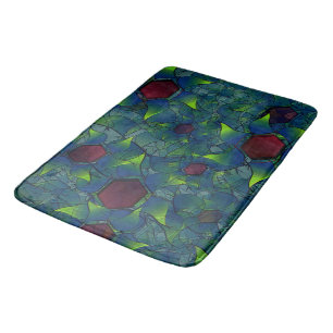 Blue notched virtual petals, leafy and red hexagon bath mat