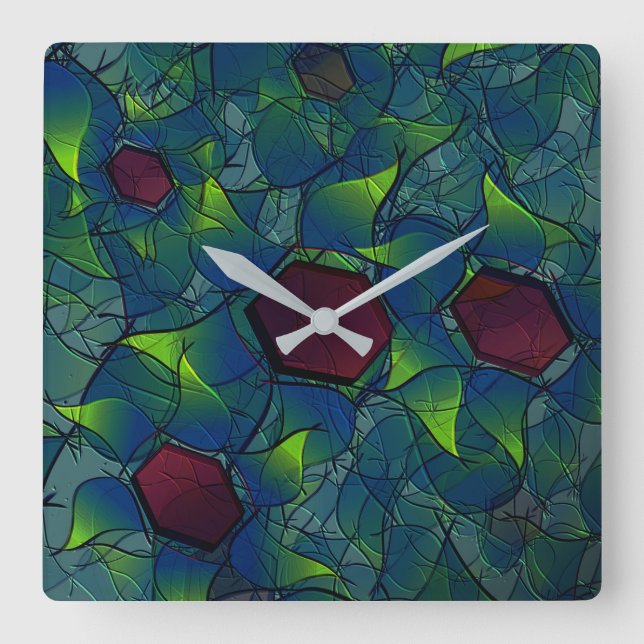 Blue notched virtual petals, leafy and red hexagon square wall clock (Front)