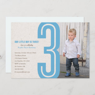 Blue Number Three Birthday Party Invitation