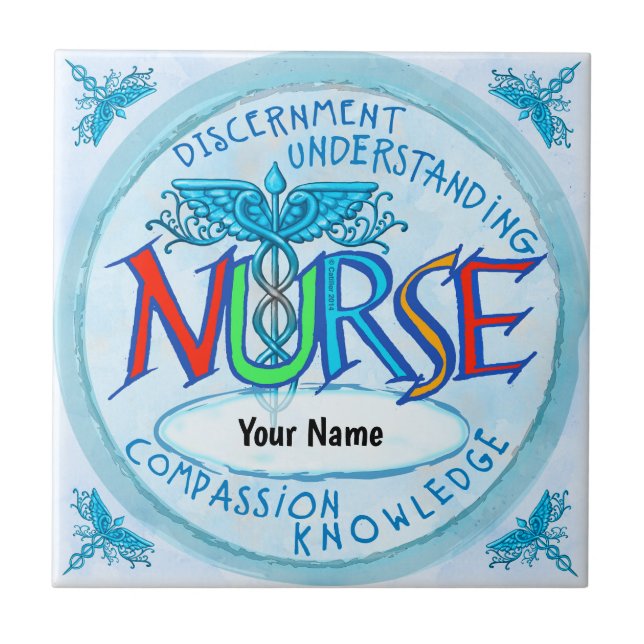Blue nurses motto ceramic tile (Front)