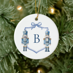 Blue Nutcracker Monogrammed Crest Christmas Ceramic Ornament