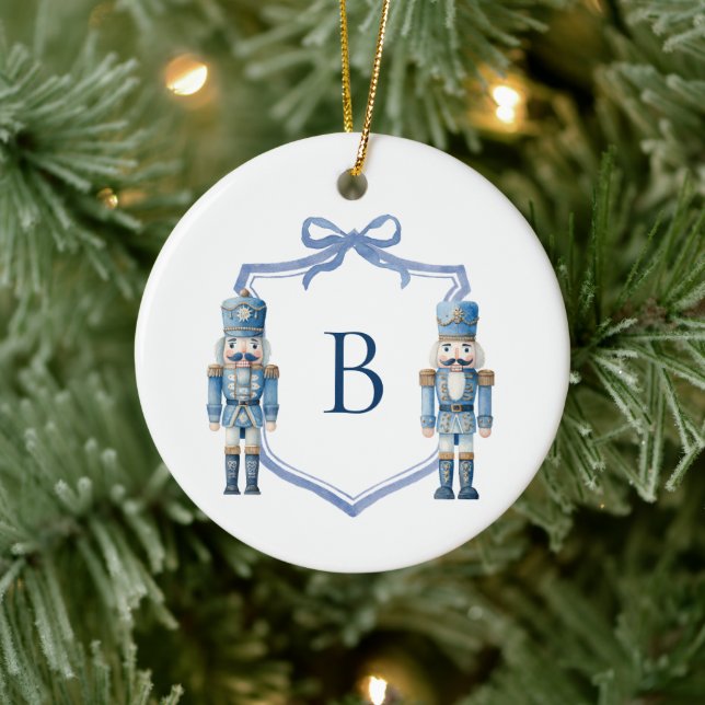 Blue Nutcracker Monogrammed Crest Christmas Ceramic Ornament (Tree)