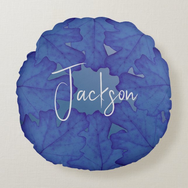 Blue Oak Leaf Personalised Round Cushion (Front)