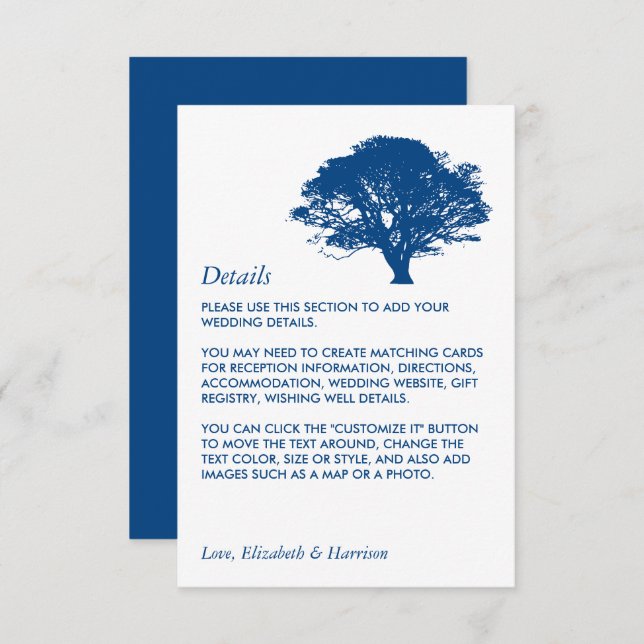 Blue Oak Tree, Rustic/Minimalistic Wedding Detail Enclosure Card (Front/Back)