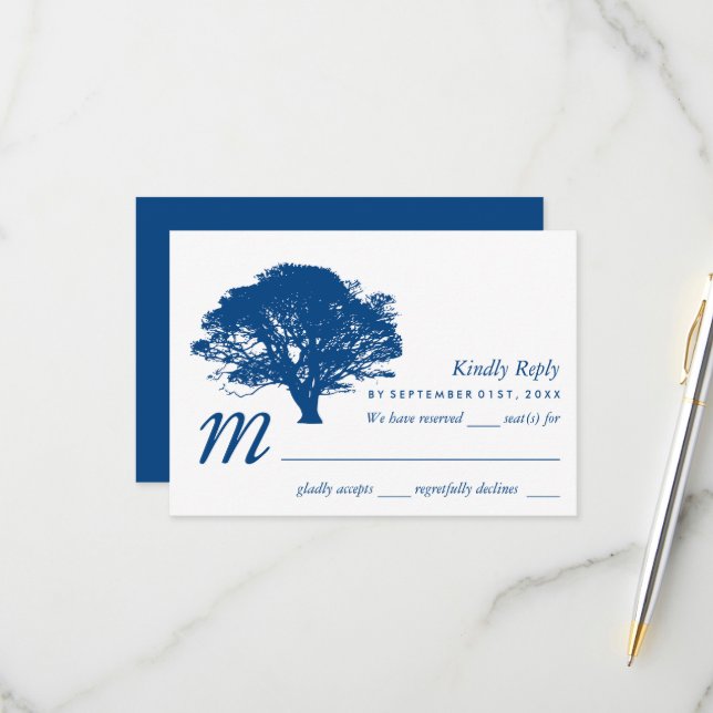 Blue Oak Tree, Rustic & Minimalistic Wedding RSVP Card (Front/Back In Situ)