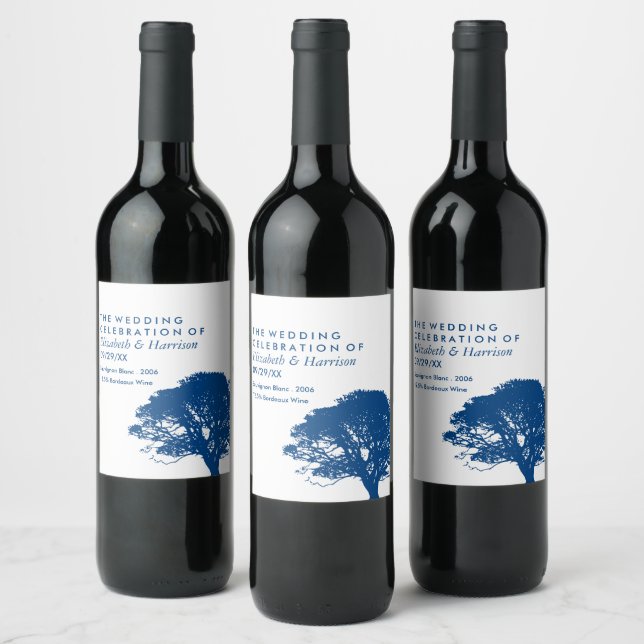 Blue Oak Tree, Rustic & Minimalistic Wedding Wine Label (Bottles)