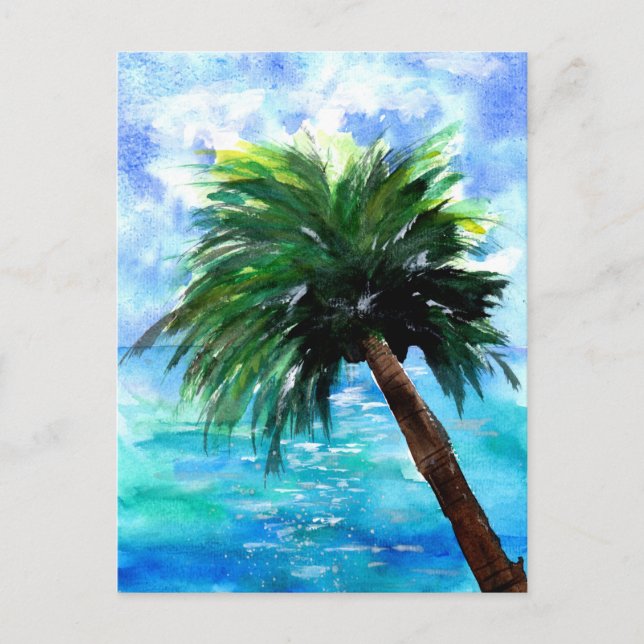 Blue Ocean and Green Palm Tree Postcard (Front)