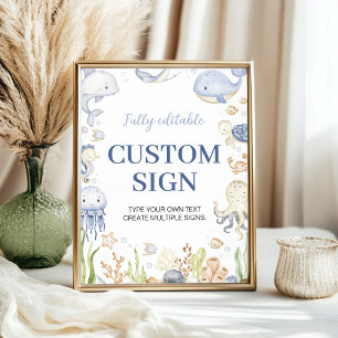 Blue Ocean Animals Boy Party Custom Table Sign