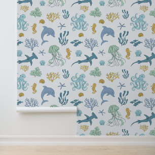 Blue Ocean Animals Boy's Room Wallpaper