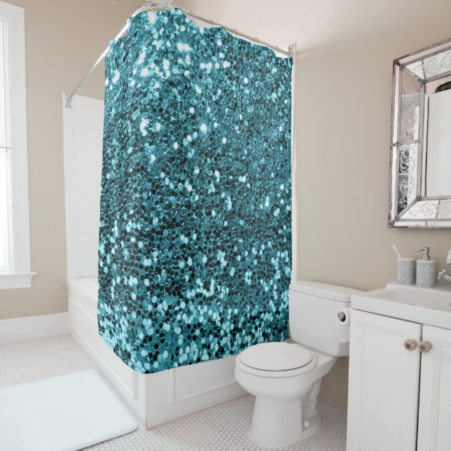 Blue Ocean Aqua Faux Glitter Sequin Glam Shower Curtain (In Situ)