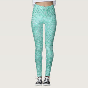 Blue Ocean Beach Aqua Metallic Diamond Sparkly Leggings
