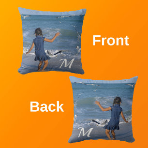 Blue Ocean Beach Girl Photo White Initial Cushion
