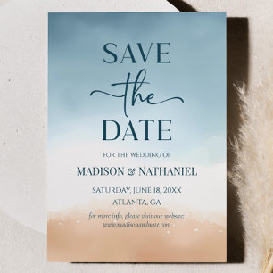 Blue Ocean Beach Shore Sand Wedding Save The Date